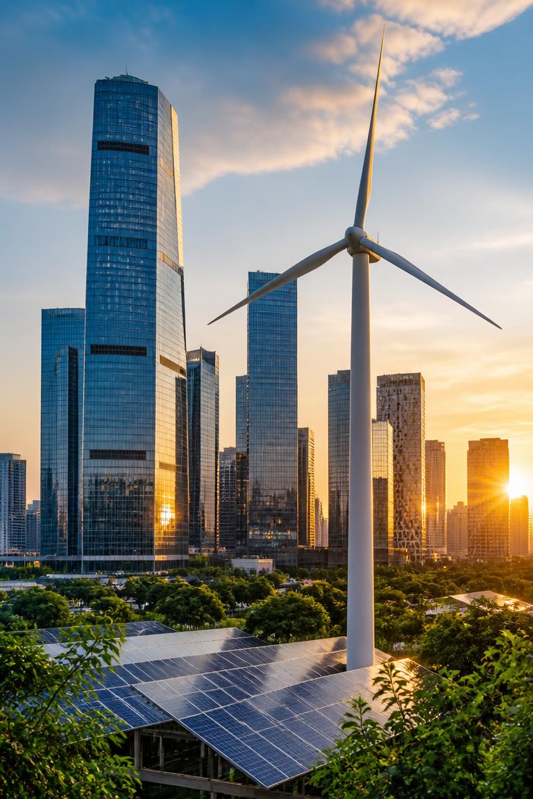 Smart city skyline with wind turbine and solar panels at golden hour
